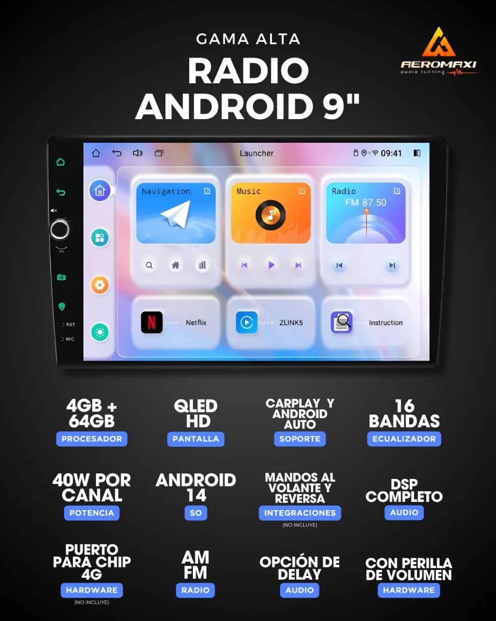 Radio Android Gama Alta 9" con perilla de volumen